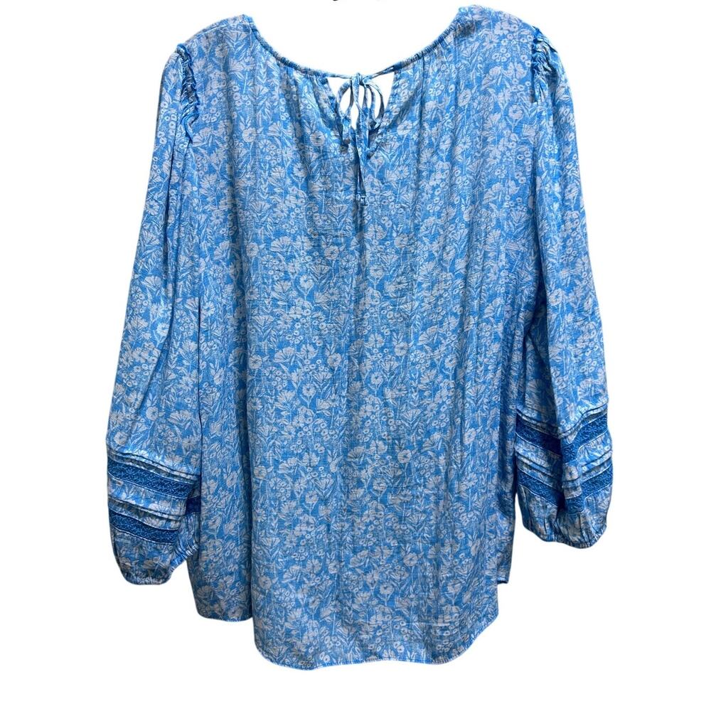 LC Lauren Conrad Blue Floral Peasant Blouse XL Boho Tie Neck Bell Sleeve Top - Picture 3 of 5